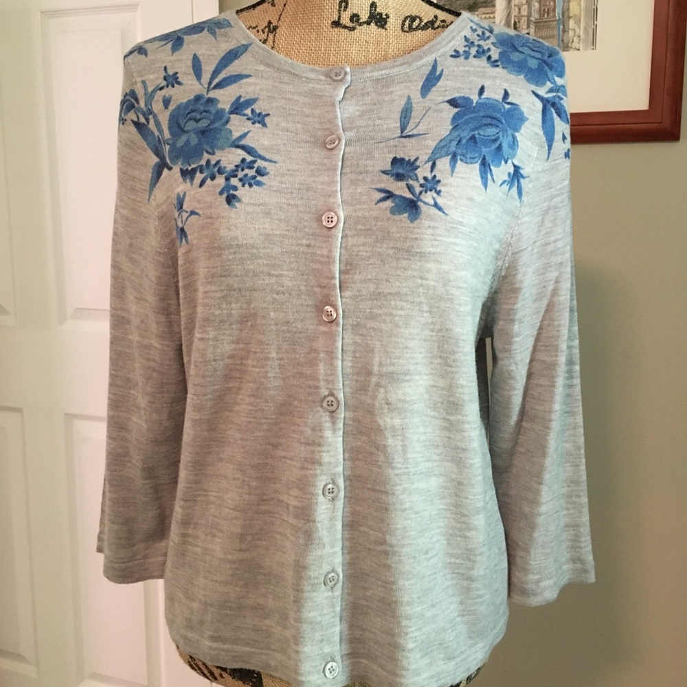 Garnet Hill Merino Wool Blue Gray Floral  Cardigan
